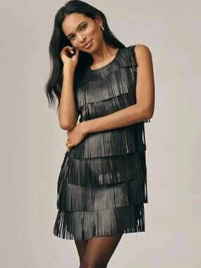 Anthropologie Siempre Faux Leather Fringe Shift Dress, Black, XXS